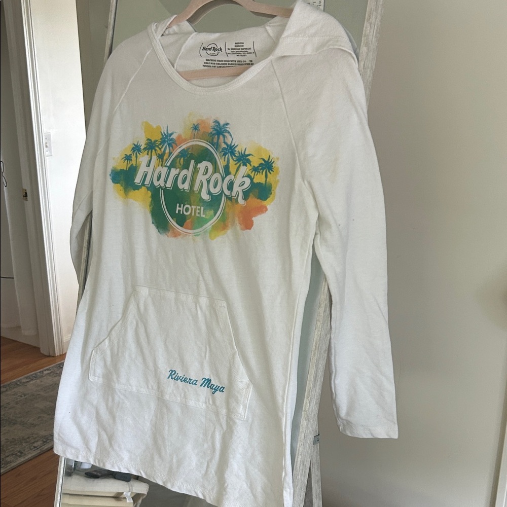 Hard Rock Cafe White Hooded Tunic with Yellow, Green and Orange Palm Graphic